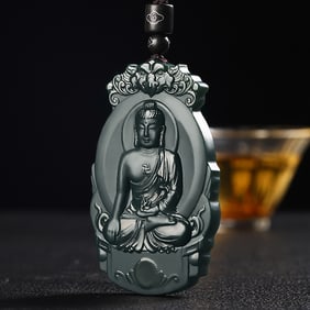 An Exquisite Cyan jade Statue of Sakyamuni Pendant