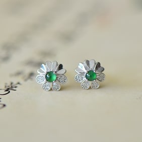 A Pair of Exquisite Sterling Silver Inlaid Jadeite Earrings