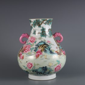 An Exquisite Famille-Rose Painted Gold Flower and Rooster Pattern Dragon-Ears Vase