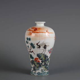 An Exquisite Famille-Rose Pine and Crane Pattern Vase,With Poem