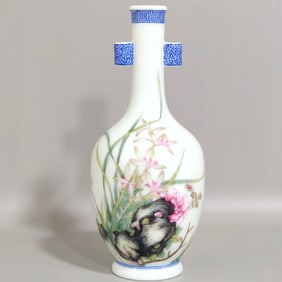 An Exquisite Blue and White Enamel Orchid Pattern Double-Ears Vase,With Poem
