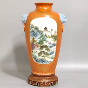 A Rare Coral Red Glazed Famille-Rose Painted Gold Landscape and Figure Pattern Beast-Ears Vase