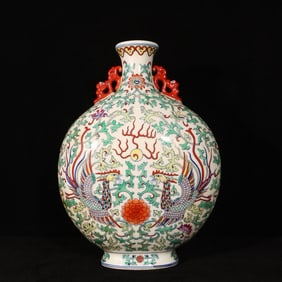 A Rare Doucai Flower and Phoenix Pattern Double-Ears Vase