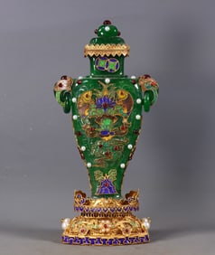 An Exquisite Jadeite Inlaid Flower silk gold-plated Fish Pattern Double-Ears Bottle,Inlaid Gems