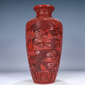 A Rare Carved Red Lacquer Landscape and Figure Pattern Vase