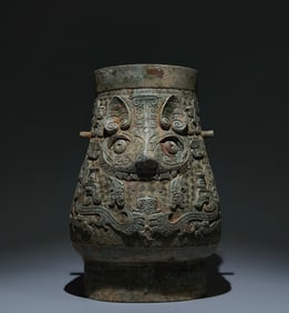 An Archaic Bronze Beast-Face Pattern Double-Ears Libation Cup
