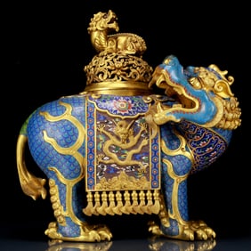 An exquisite cloisonné auspicious animal censer