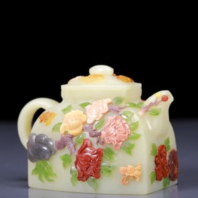 An Exquisite Greenish Jade Inlaid Gems Flower and Bird Pattern Ewer