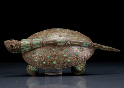 A Rare Bronze Inlaid Gold and Silver Inlaid Turquoise Turtle Ornament,With Inscription