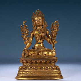 A Solemn Gilt Bronze Statue of Tara,Inlaid Gems and Turquoise
