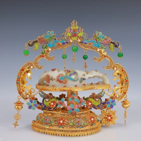 An Exquisite Filigree and Gilding Inlaid White Jade Elephant Ornament,Inlaid Gems