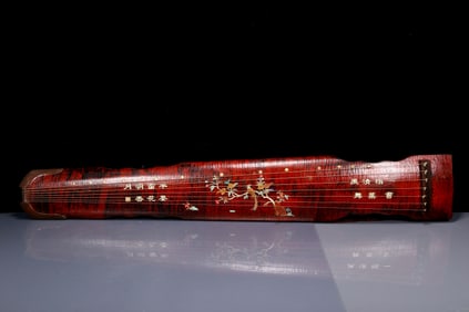 A Huge Wooden Lacquer Flower and Bird Pattern Qin,with poem