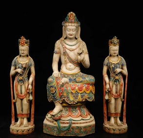 A Set of Solemn Marble Painted Color Statue of Avalokitesvara