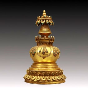 A Rare Gilt Bronze Pagoda,Inlaid Turquoise,