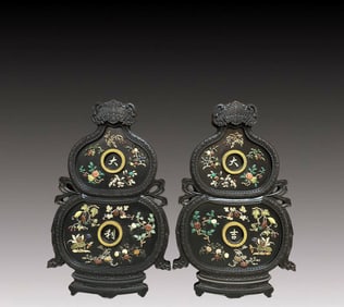A Pair of Huge Zitanwood Melon and Fruit Pattern Gourd-Shaped Table Screens, Inlaid Gems
