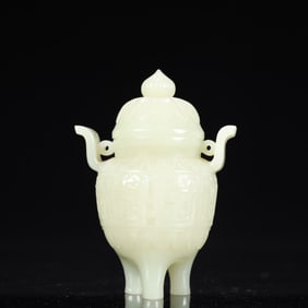 An Exquisite White Jade Chi-Dragon Pattern Double-Ears and Tripod Censer