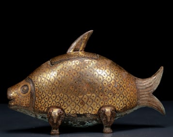 A Rare Bronze Inlaid Gold and Silver Fish Pot