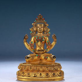 A Solemn Gilt Bronze Buddha Statue,Inlaid Gems and Turquoise