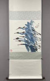 A Chinese Vertical Scroll Ink Painting of Crane on Paper,Huang Yongyu