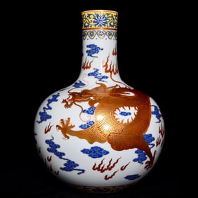 A Huge Blue and White Iron-Red Glazed Painted Gold Auspicious Cloud and Dragon Pattern Vase