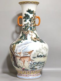 A Huge Famille-Rose Painted Gold Pine,Deer and Crane Pattern Double-Ears Vase
