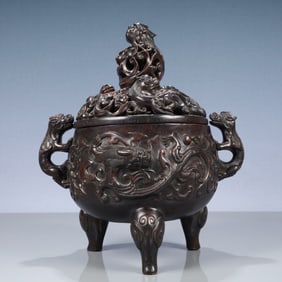 A Rare Zitanwood Chi-Dragon Pattern Beast-Ears Tripod Censer