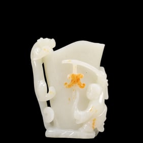 An Exquisite White Jade Chi-Dragon  and Figure Pattern Cup, with poem