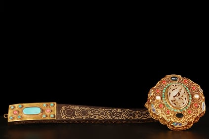 A Rare Gilt Bronze Ebony Inlaid Gems Ruyi