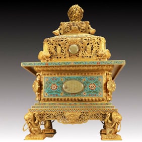 A Huge Cloisonne Gilt Bronze Inlaid White Jade Eight Treasures and Dragon Pattern Censer,With