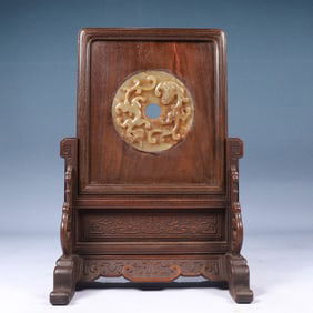 A Rare Huanghuali wood Inlaid White Jade Chi-Dragon Pattern Table Screen