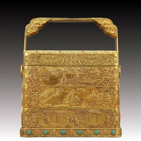 A Rare Gilt Bronze Landscape and Figure Pattern Box,Inlaid Turquoise