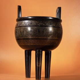 An Exquisite Bronze Inlaid Silver Flower Pattern Double-Ears and Tripod Censer