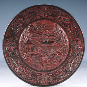 An Exquisite Carved Red Lacquer Landscape and Figure Pattern Plate