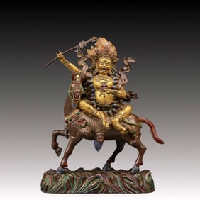 A Solemn Gilt Bronze Painted Color Statue of Auspicious Heavenly Mother,With Inscription