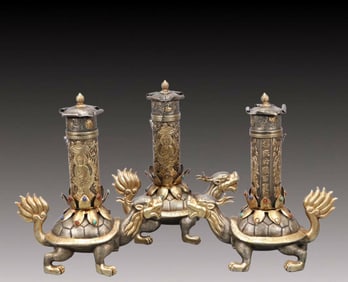 A Set of Rare Gilt Silver Dragon Turtle Censers,With Scriptures,Inlaid Turquoise