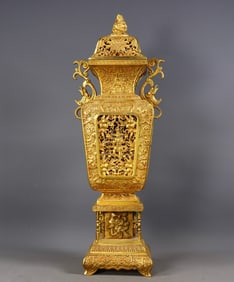 A Huge Gilt Bronze Lotus,Bats and Peach Pattern Phoenix-Ears Bottle,With Base
