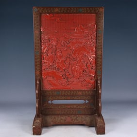 A Huge Carved Red Lacquer Landscape and Figure Pattern Table Screen