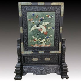 A Huge Zitanwood Phoenix and Crane Pattern Table Screen, Inlaid Gems