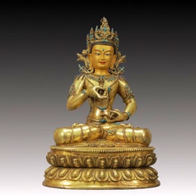 A Solemn Gilt Bronze Statue of Vajrasattva,Inlaid Turquoise,With Inscription