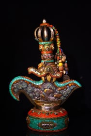 A Rare Bronze Inlaid Dzi Bead and Turquoise Ornament