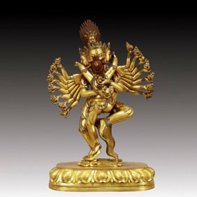 A Solemn Gilt Bronze Statue of Vajra,Inlaid Turquoise,With Inscription