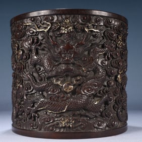 An Exquisite Zitanwood Auspicious Cloud and Dragon Pattern Brush Pot