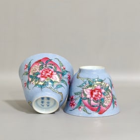 A Pair of Exquisite Blue Glazed Famille-Rose Flower and Fruit Pattern Cup