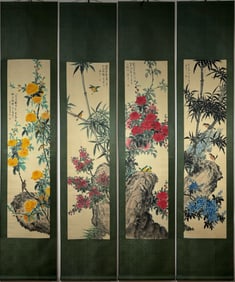 A Set of Chinese Vertical Scroll Ink Painting of Flower and Bird on Paper,Chen Banding