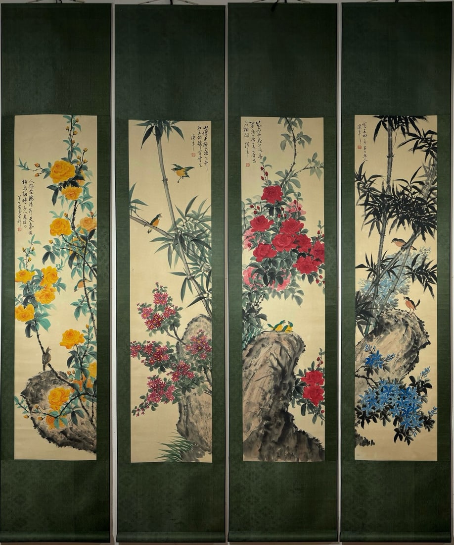 A Set of Chinese Vertical Scroll Ink Painting of Flower and Bird on Paper,Chen Banding: A Set of Chinese Vertical Scroll Ink Painting of Flower and Bird on Paper,Chen Banding,Size:(Without frame)53.3inx12.8in*4 一套中国水墨花鸟画ĺ