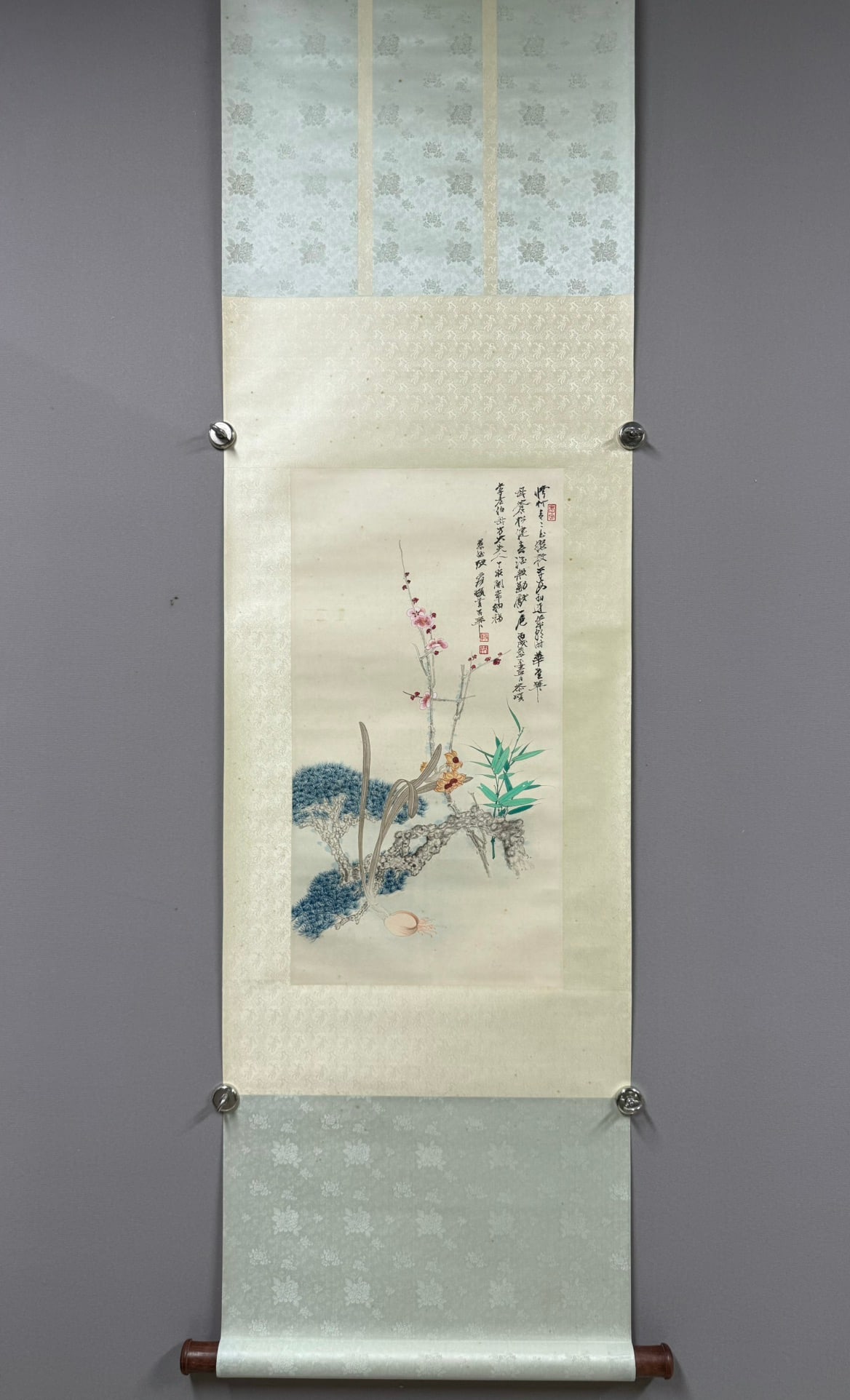 A Chinese Vertical Scroll Ink Painting of Plum Blossom, Orchid, Bamboo and Chrysanthemum on (1 of 7)