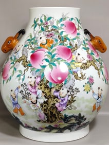 A Huge Famille-Rose Figure and Peach Pattern Deer-Ears Vase,With Poem