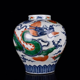 A Rare Blue and White Wucai Auspicious Cloud and Dragon Pattern Jar