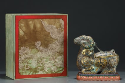 An Archaic Bronze Inlaid Gold Beast-Face Pattern Goat Ornament,With Inscription