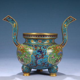 An Exquisite Cloisonne Lotus and Bats Pattern Double-Ears and Tripod Censer